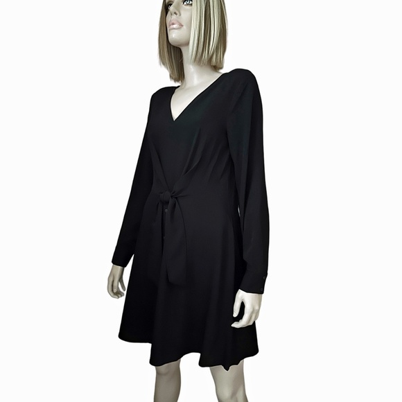 Vila Clothes Black Dress Fit & Flare Long Sleeve Bow Tie and Button Skirt Plunge - Picture 6 of 16